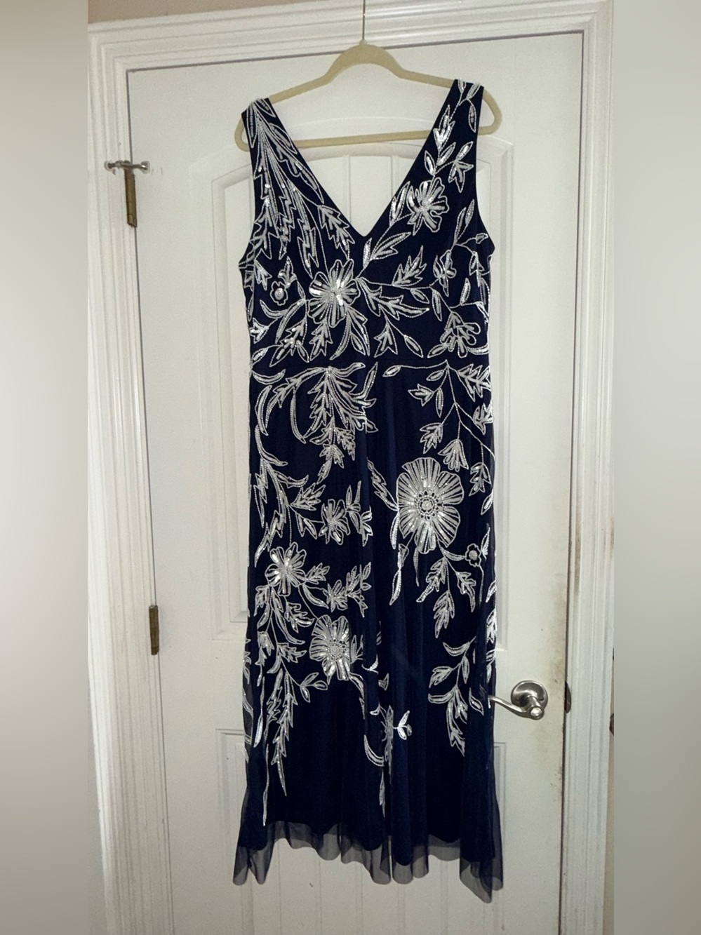 Adrianna Papell Navy Dress with Silver Floral Embroidery